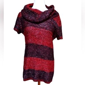 Notations L Sweater Dress Metallic Red Black Cowl Turtleneck Striped Festive...